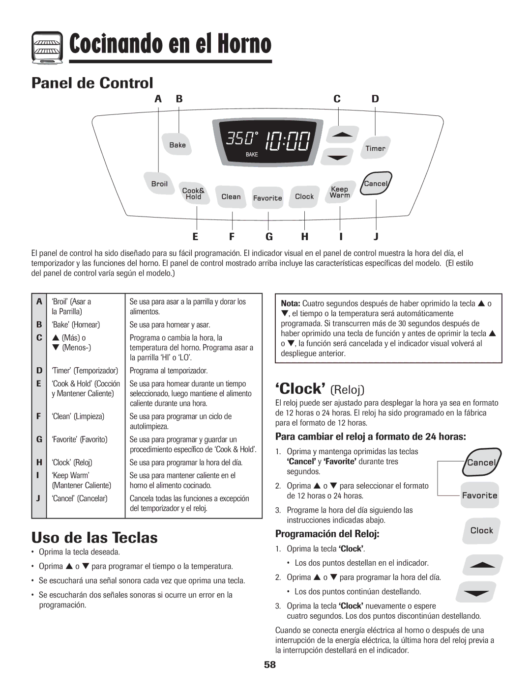 Amana 8113P550-60 manual Cocinando en el Horno, Panel de Control, Uso de las Teclas, ‘Clock’ Reloj 