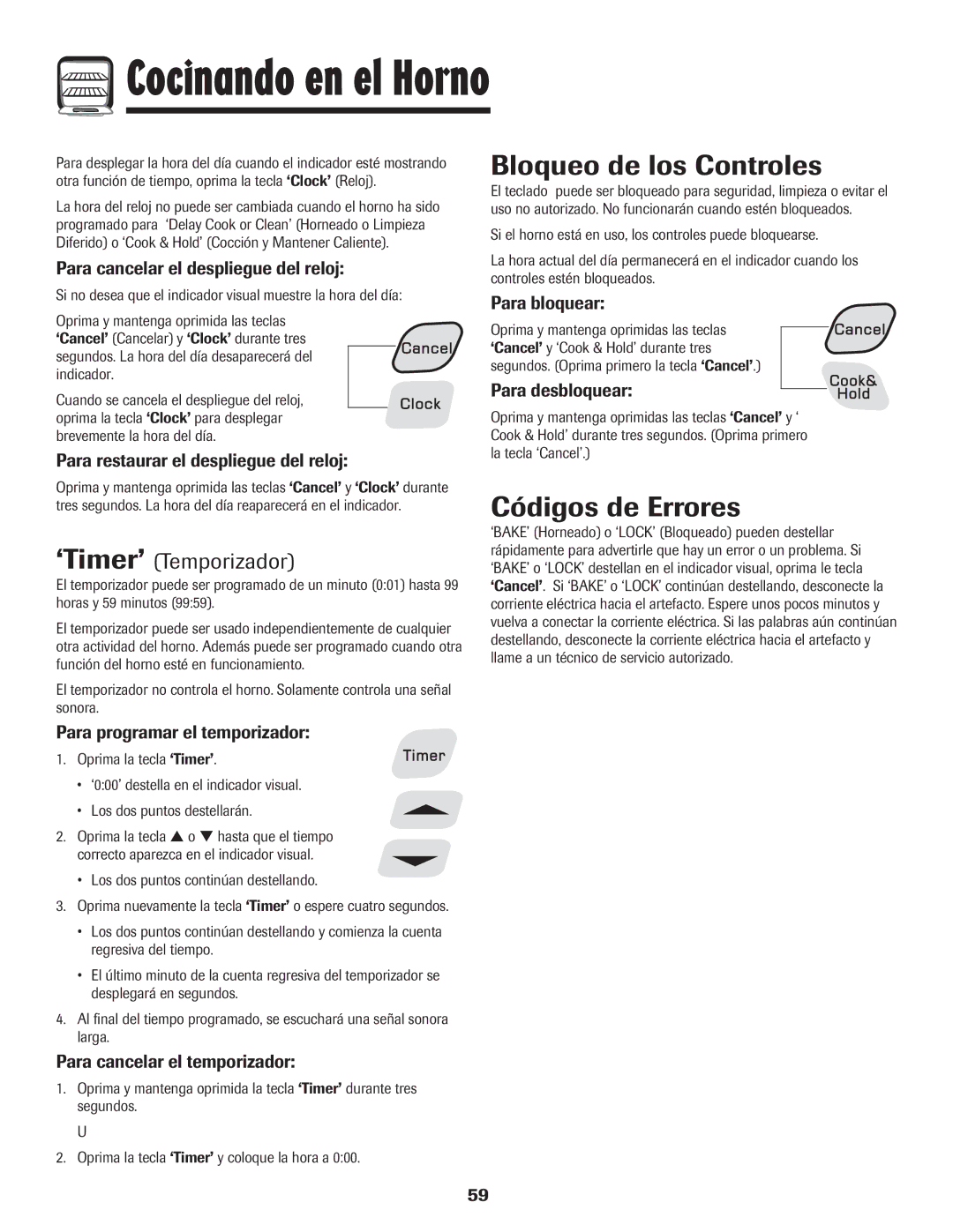 Amana 8113P550-60 manual Bloqueo de los Controles, Códigos de Errores, ‘Timer’ Temporizador 