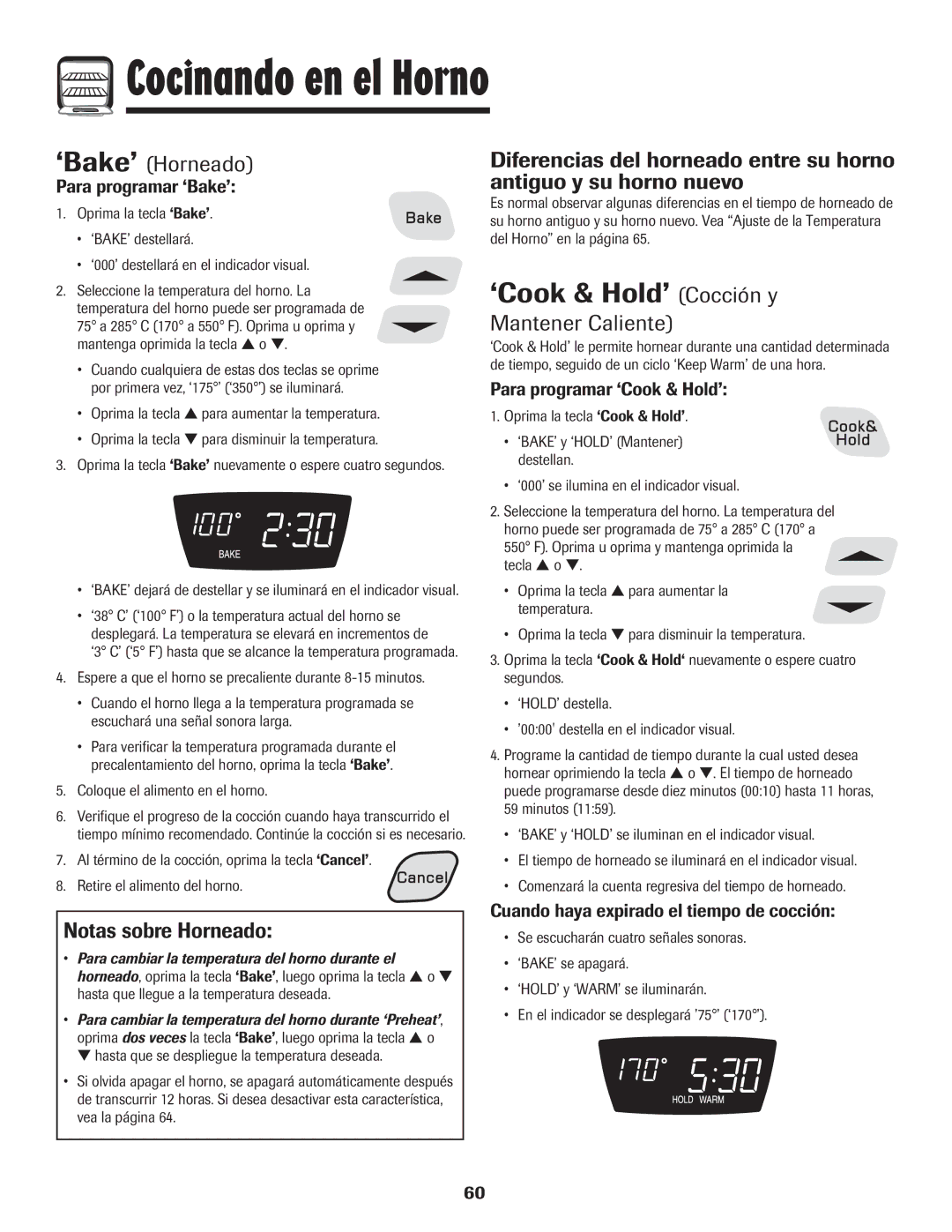 Amana 8113P550-60 manual ‘Cook & Hold’ Cocción y, ‘Bake’ Horneado, Notas sobre Horneado, Mantener Caliente 