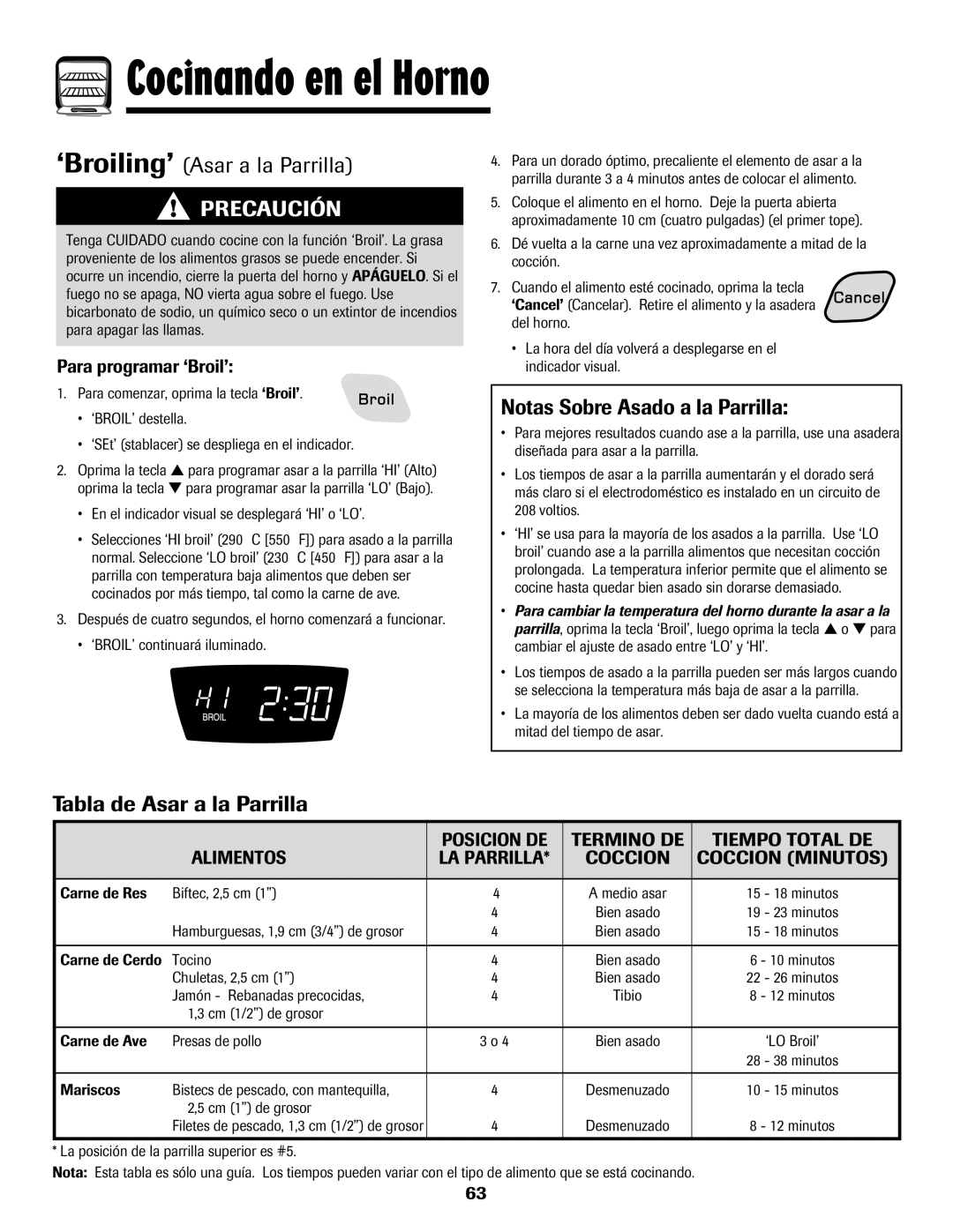Amana 8113P550-60 manual ‘Broiling’ Asar a la Parrilla, Notas Sobre Asado a la Parrilla, Tabla de Asar a la Parrilla 