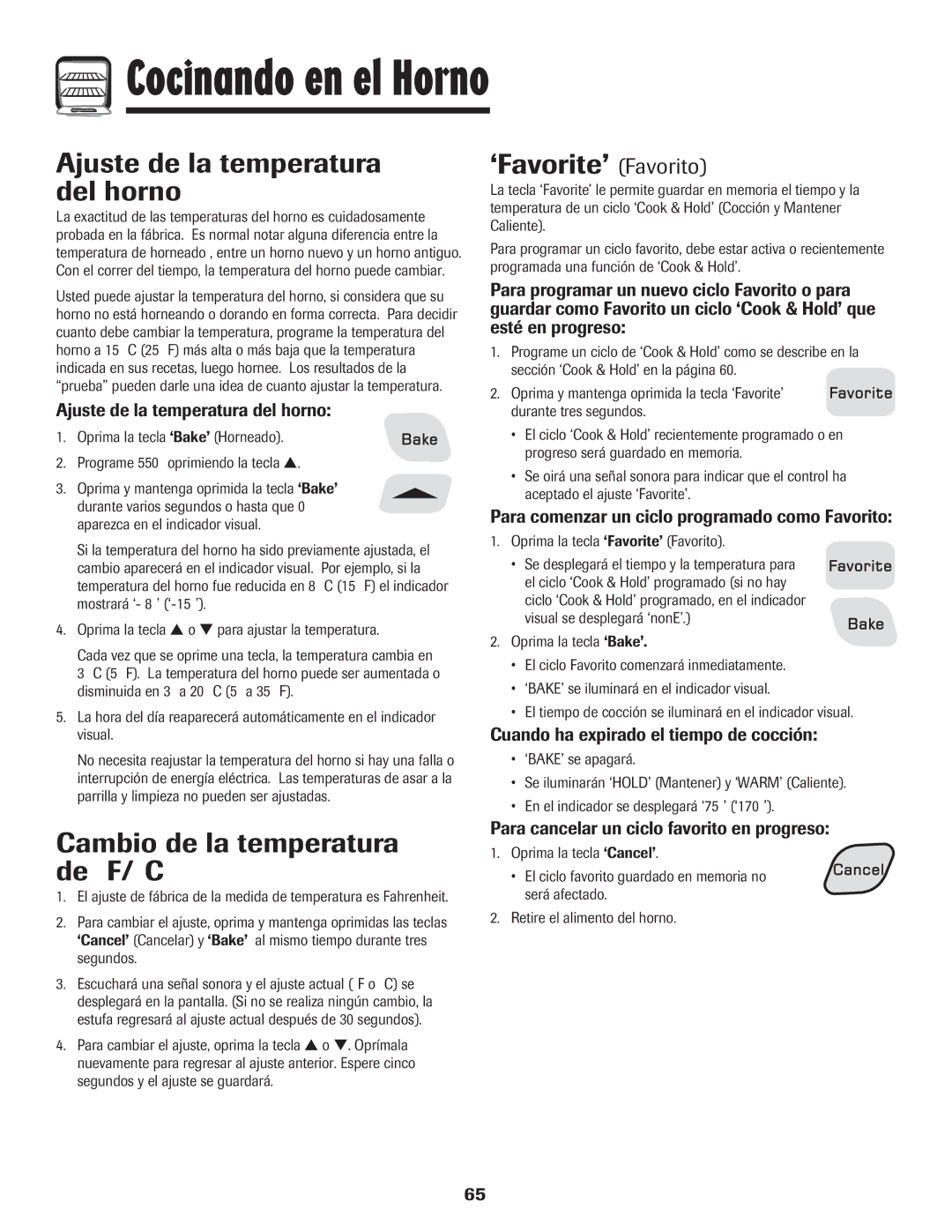 Amana 8113P550-60 manual Ajuste de la temperatura del horno, ‘Favorite’ Favorito, Cambio de la temperatura de F/C 