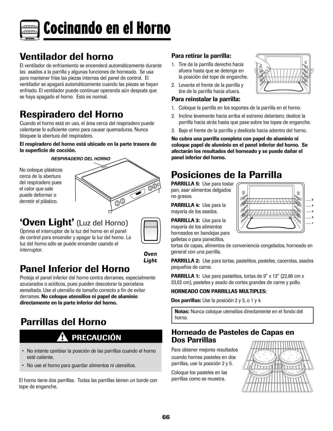 Amana 8113P550-60 manual Ventilador del horno, Respiradero del Horno, Panel Inferior del Horno, Posiciones de la Parrilla 