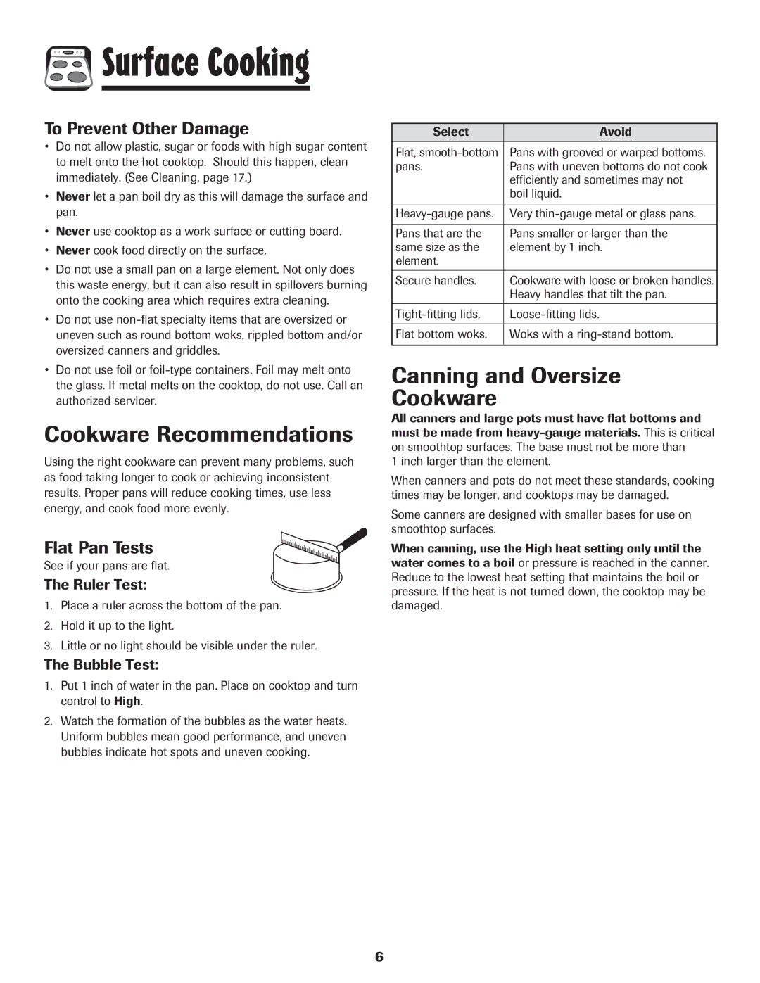 Amana 8113P550-60 manual Cookware Recommendations, Canning and Oversize Cookware, To Prevent Other Damage, Flat Pan Tests 