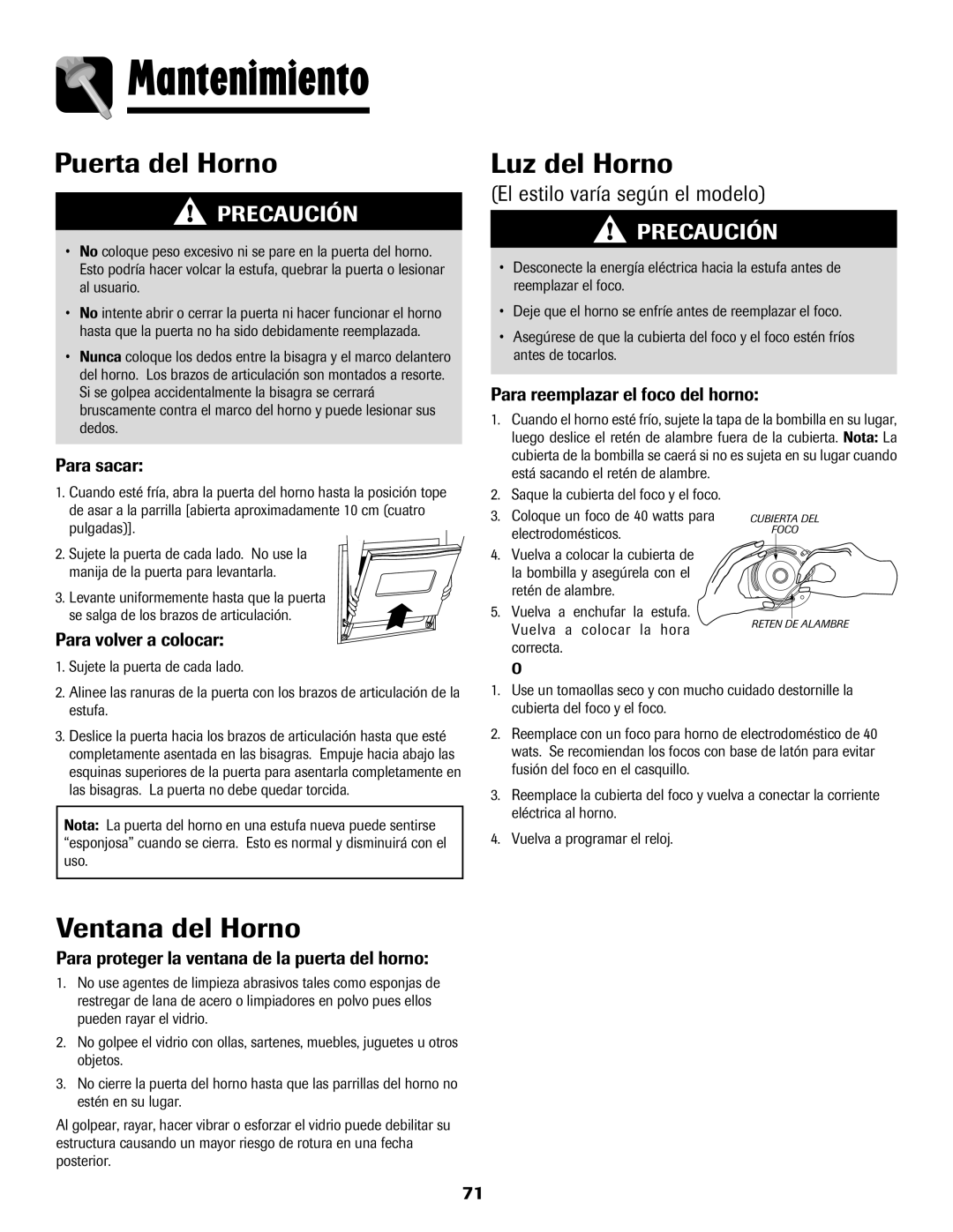 Amana 8113P550-60 manual Mantenimiento, Puerta del Horno, Luz del Horno, Ventana del Horno, El estilo varía según el modelo 