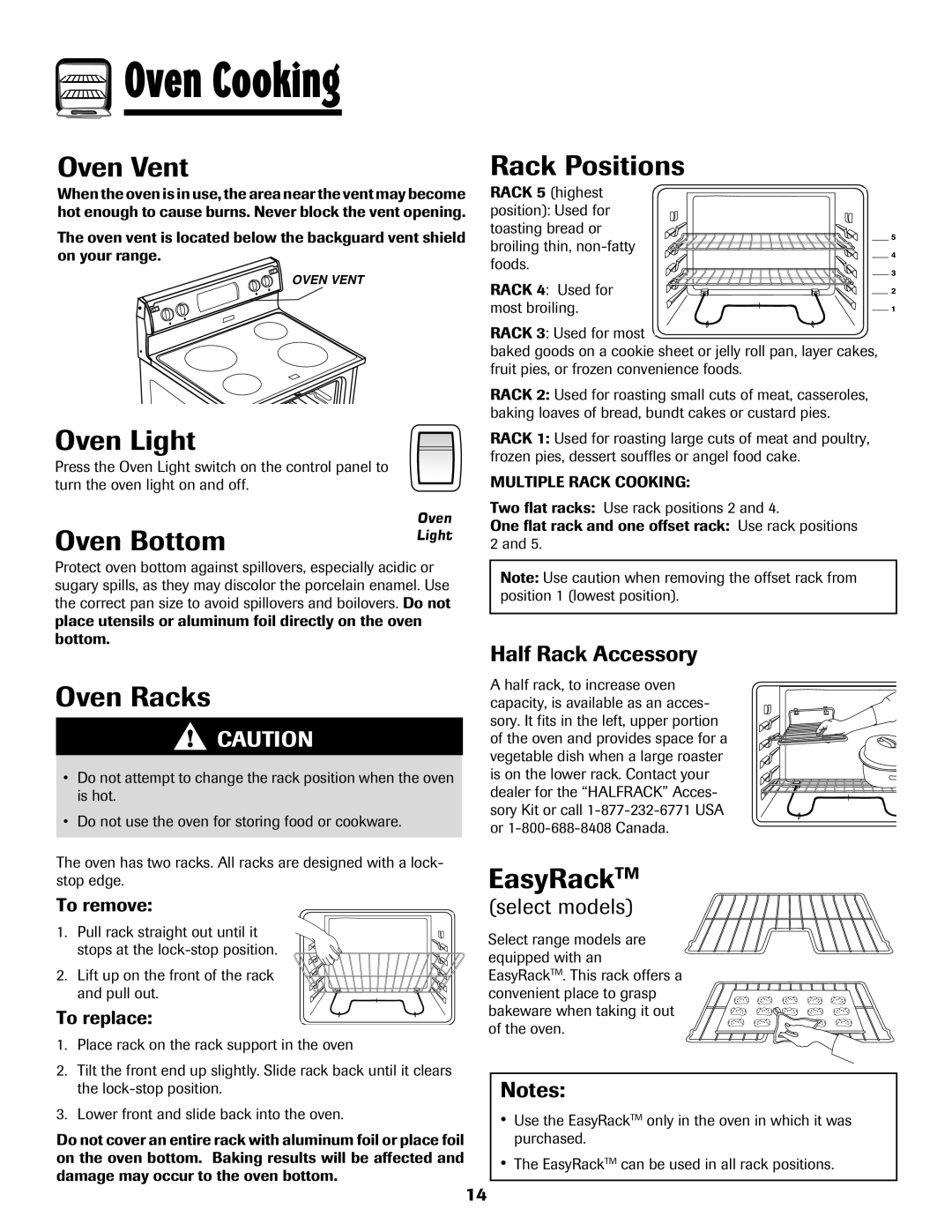 Amana 8113P595-60 manual Oven Vent, Oven Light, Oven Bottom, Oven Racks, Rack Positions, EasyRackTM 