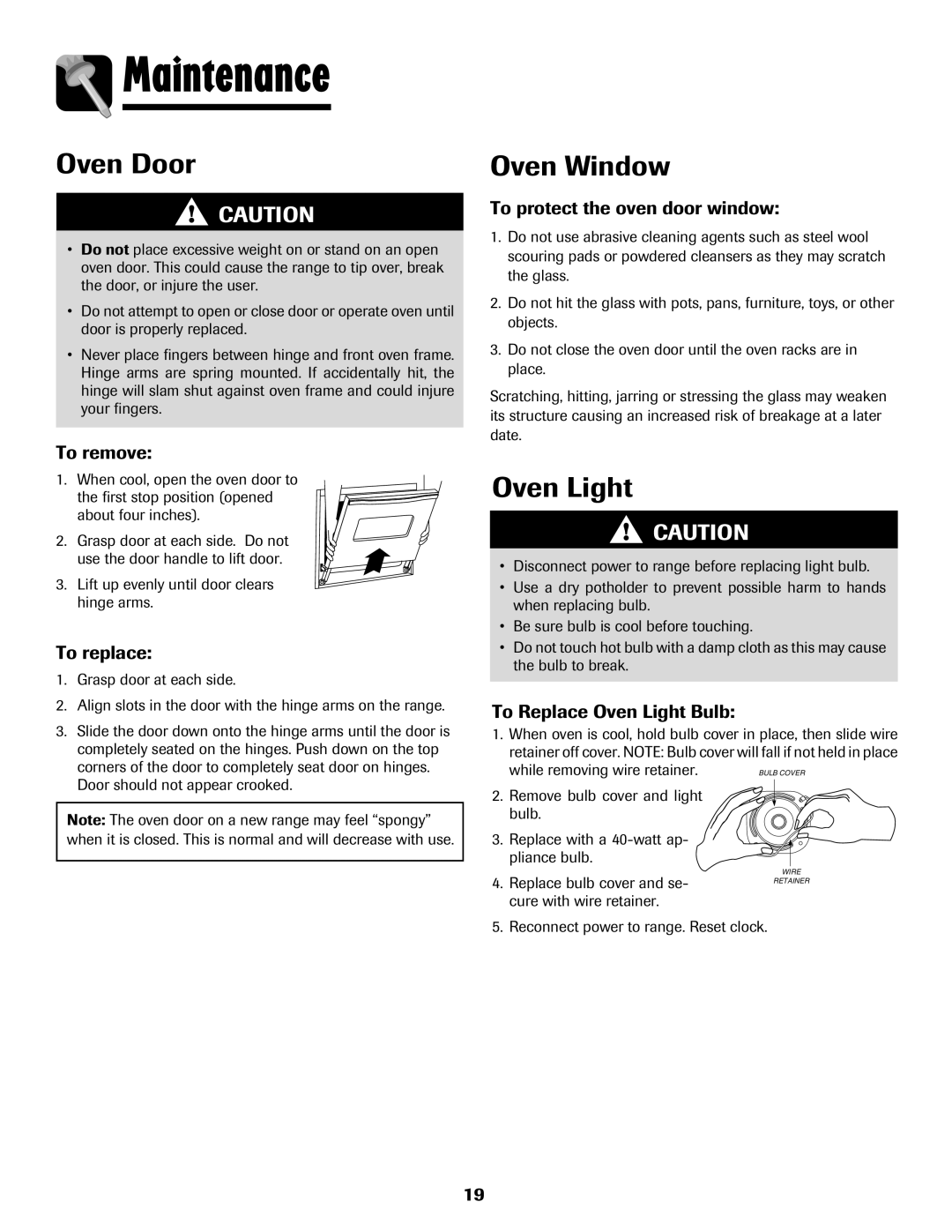 Amana 8113P595-60 manual Maintenance, Oven Door, Oven Window, To protect the oven door window, To Replace Oven Light Bulb 