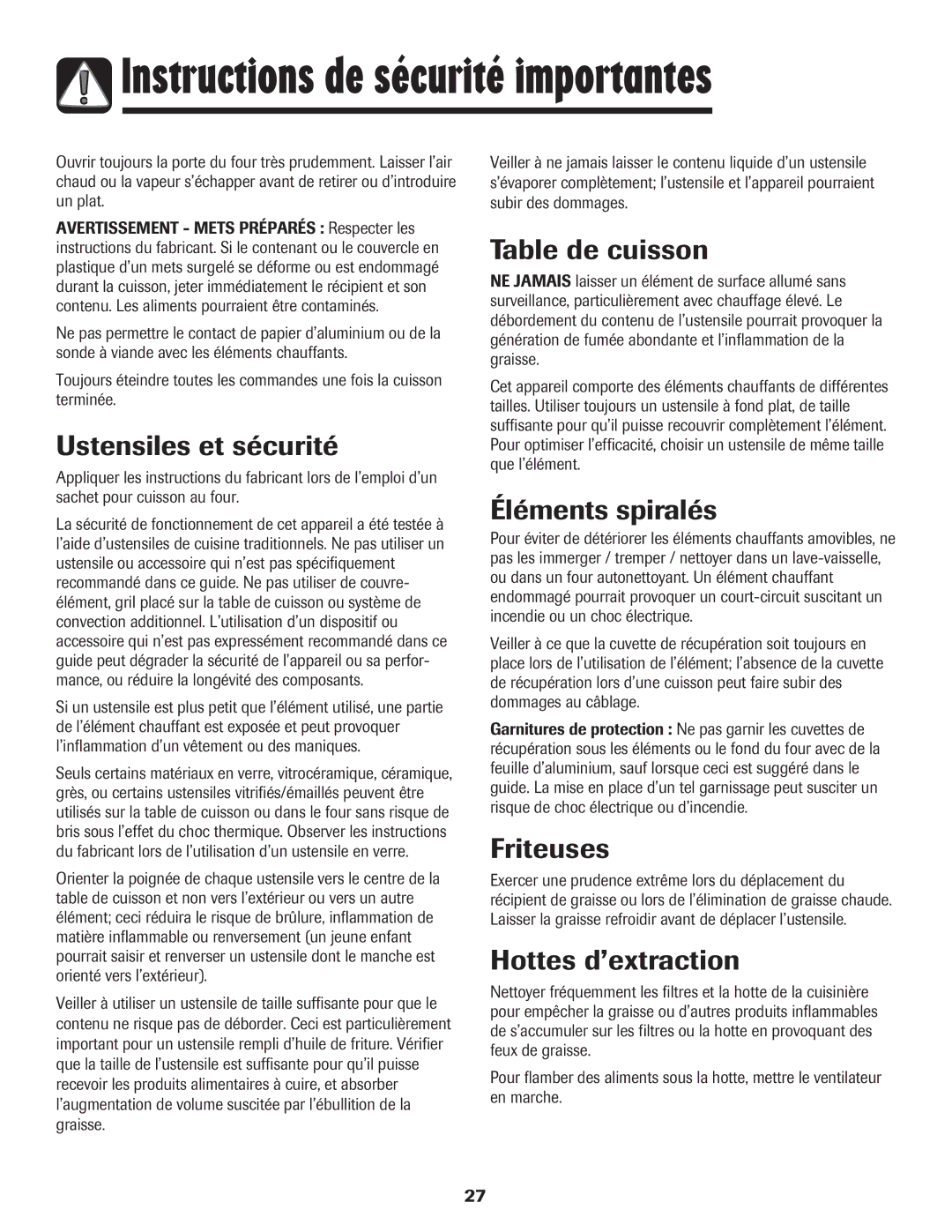 Amana 8113P595-60 manual Ustensiles et sécurité, Table de cuisson, Éléments spiralés, Friteuses, Hottes d’extraction 