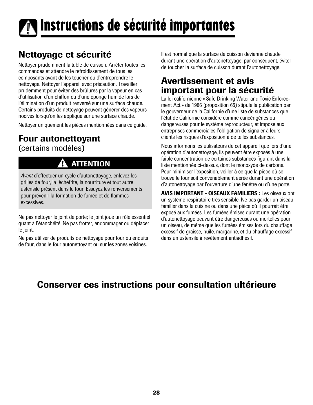 Amana 8113P595-60 manual Nettoyage et sécurité, Four autonettoyant, Avertissement et avis important pour la sécurité 