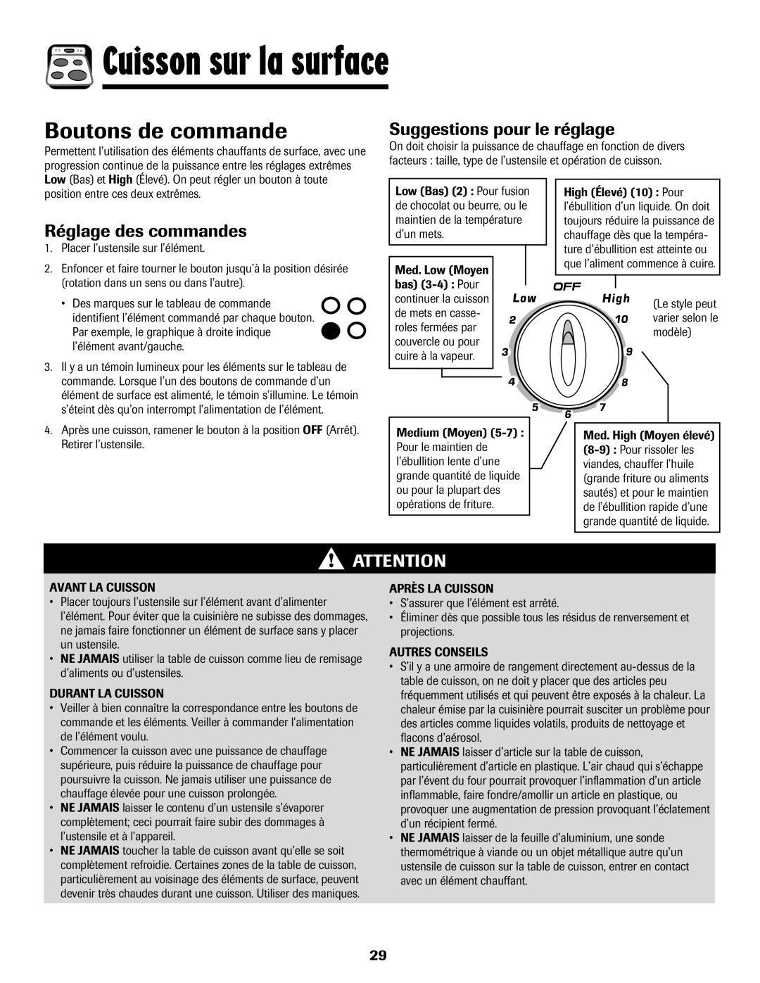 Amana 8113P595-60 manual Cuisson sur la surface, Boutons de commande, Suggestions pour le réglage, Réglage des commandes 