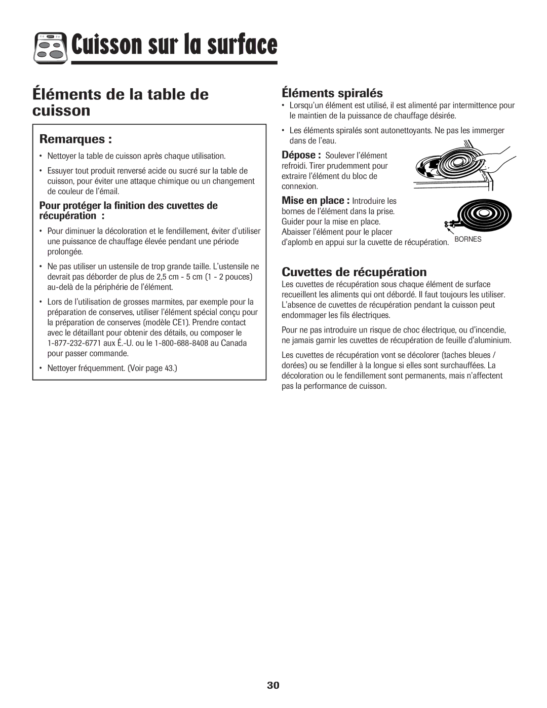 Amana 8113P595-60 manual Éléments de la table de cuisson, Remarques, Éléments spiralés, Cuvettes de récupération 