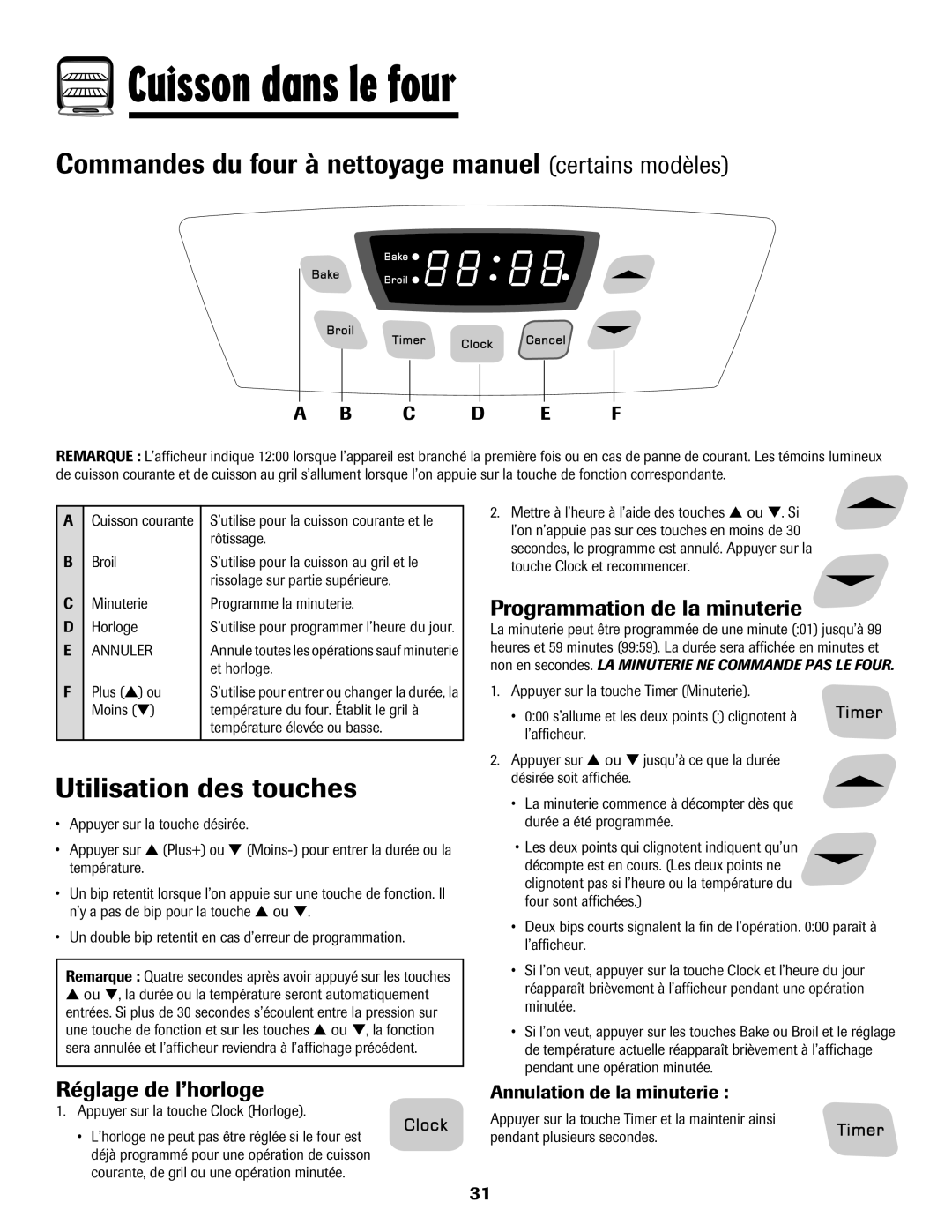 Amana 8113P595-60 Cuisson dans le four, Commandes du four à nettoyage manuel certains modèles, Utilisation des touches 