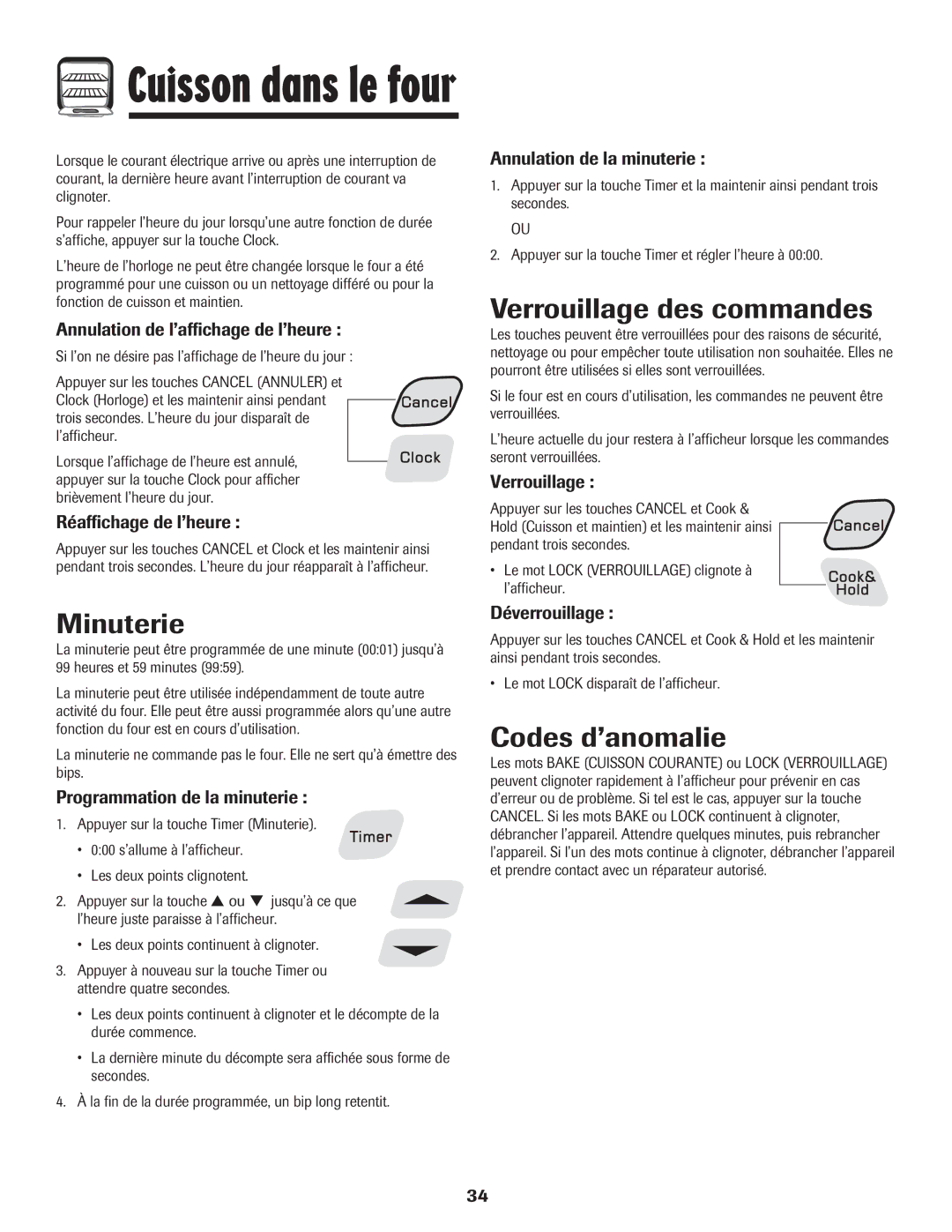 Amana 8113P595-60 manual Minuterie, Verrouillage des commandes, Codes d’anomalie 