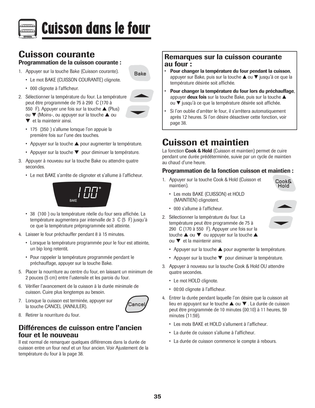 Amana 8113P595-60 manual Cuisson courante, Cuisson et maintien, Différences de cuisson entre l’ancien four et le nouveau 