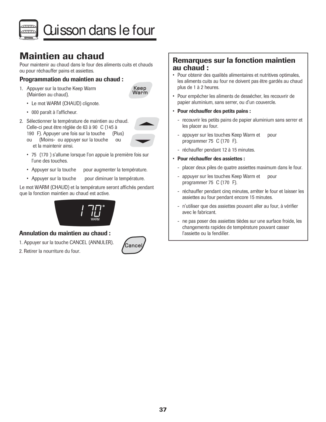 Amana 8113P595-60 manual Maintien au chaud, Remarques sur la fonction maintien au chaud, Programmation du maintien au chaud 