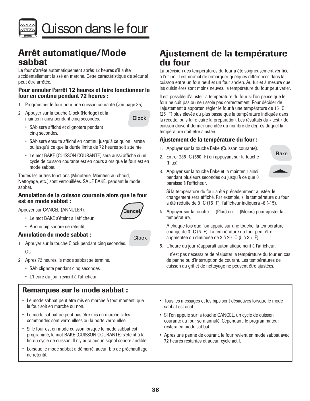 Amana 8113P595-60 manual Arrêt automatique/Mode sabbat, Ajustement de la température du four, Remarques sur le mode sabbat 