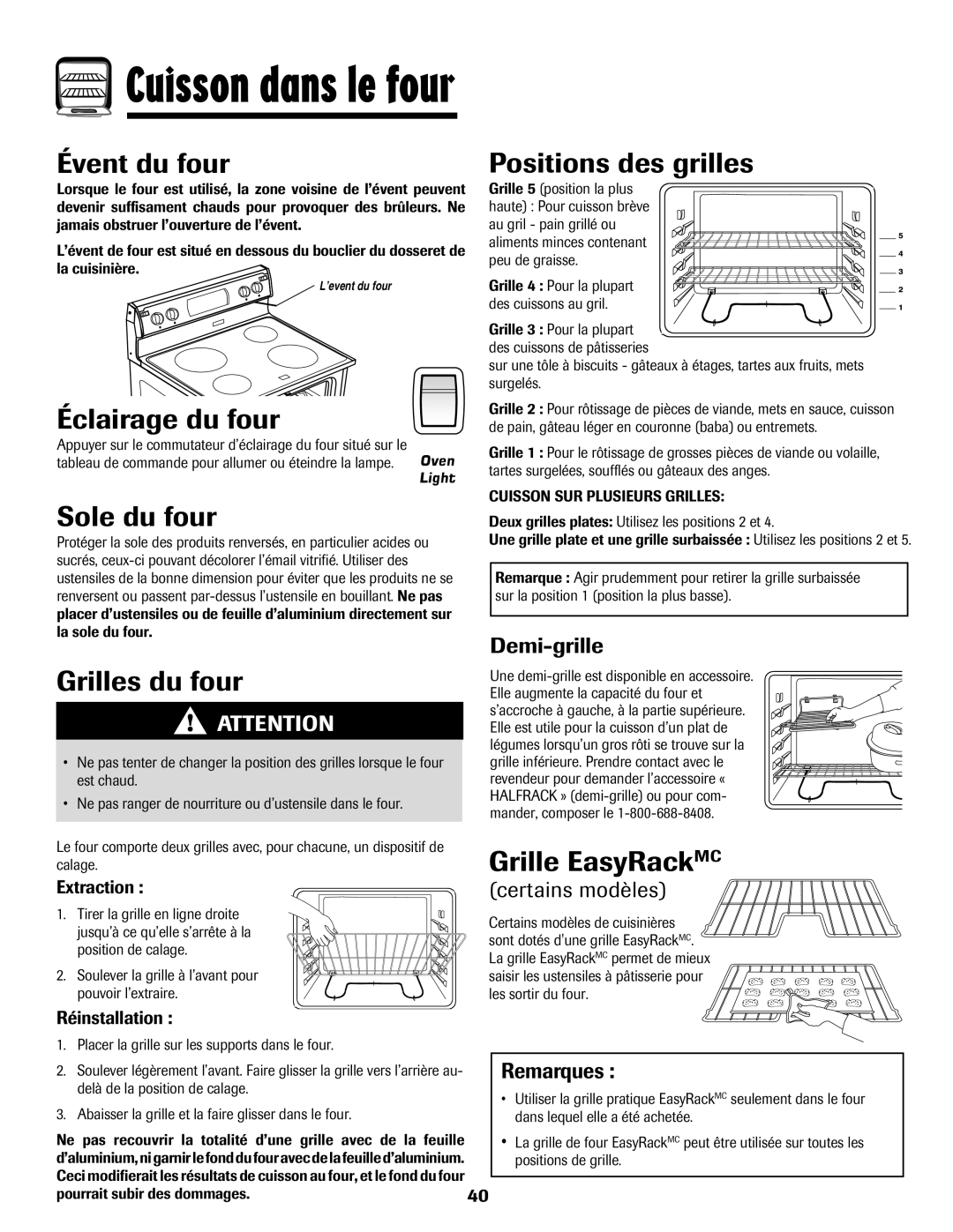 Amana 8113P595-60 manual Évent du four, Éclairage du four, Positions des grilles, Sole du four, Grilles du four 