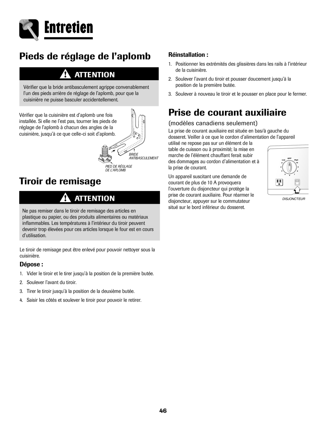 Amana 8113P595-60 manual Pieds de réglage de l’aplomb, Tiroir de remisage, Prise de courant auxiliaire, Dépose 