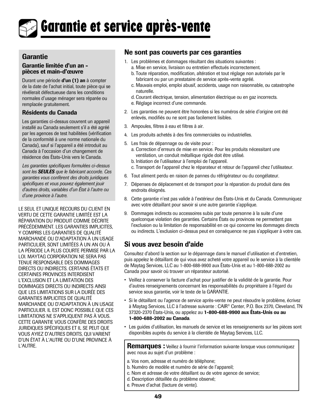 Amana 8113P595-60 Garantie et service après-vente, Ne sont pas couverts par ces garanties, Si vous avez besoin d’aide 