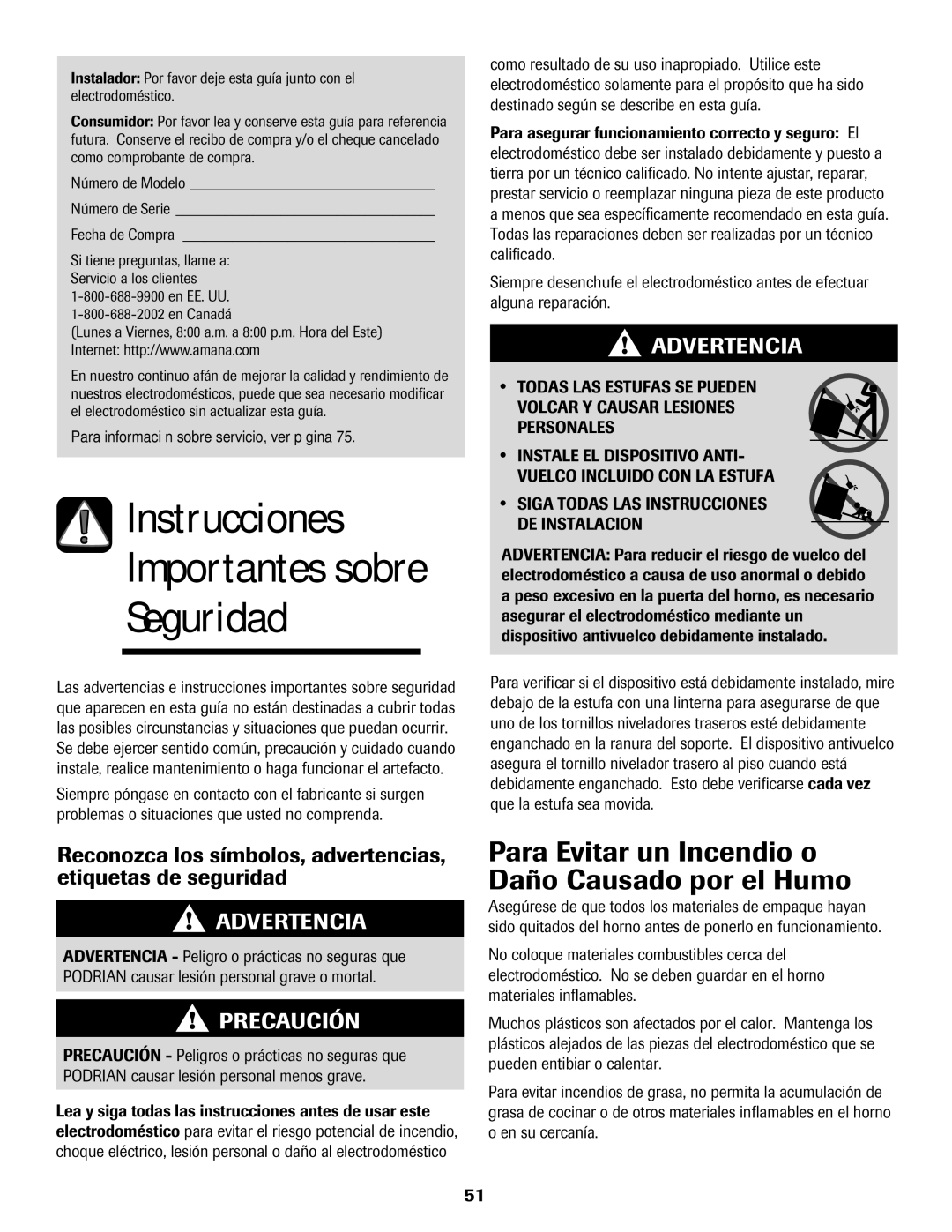 Amana 8113P595-60 manual Para Evitar un Incendio o Daño Causado por el Humo, Fecha de Compra, En EE. UU En Canadá 