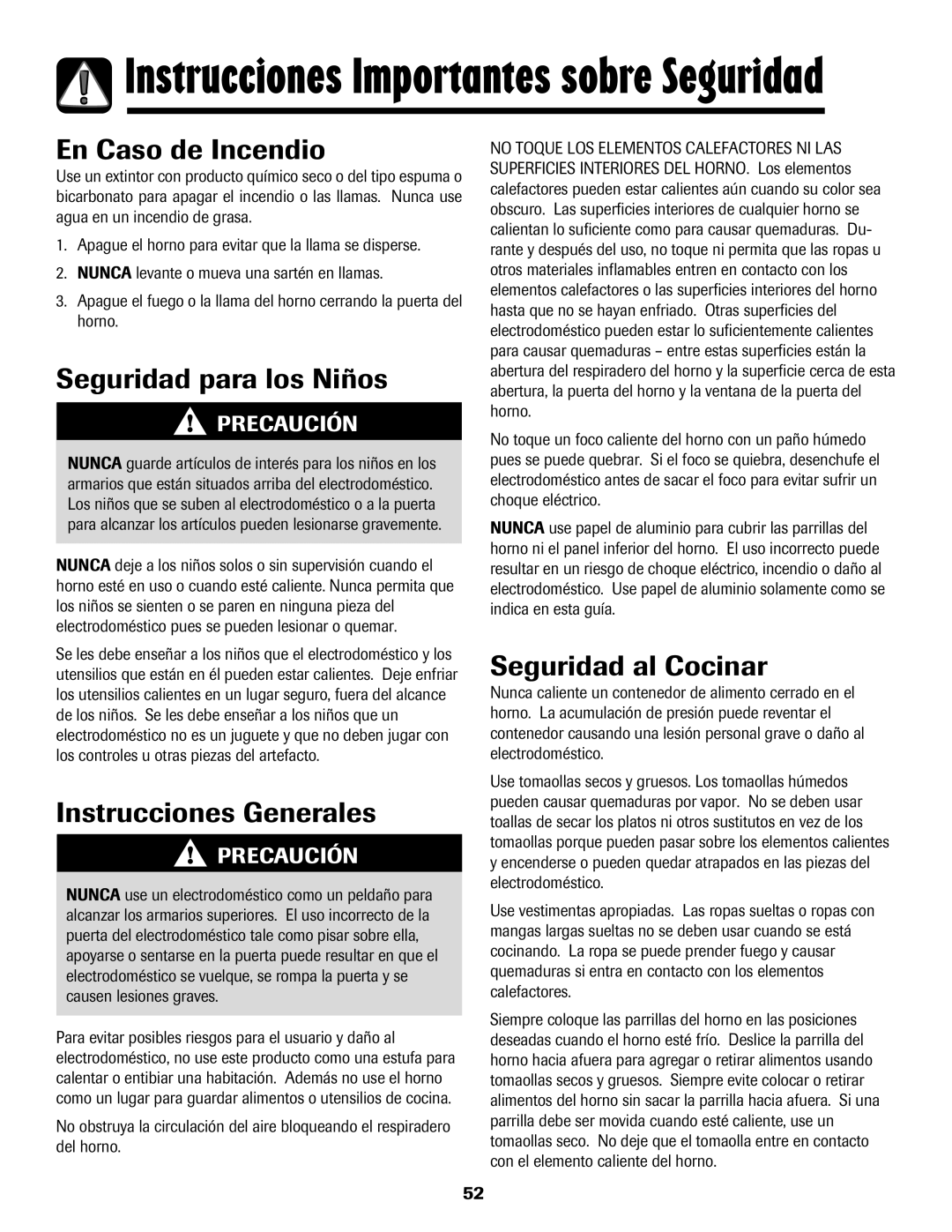 Amana 8113P595-60 manual En Caso de Incendio, Seguridad para los Niños, Instrucciones Generales, Seguridad al Cocinar 