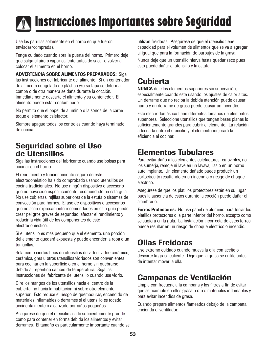 Amana 8113P595-60 manual Cubierta, Seguridad sobre el Uso de Utensilios, Elementos Tubulares, Ollas Freidoras 