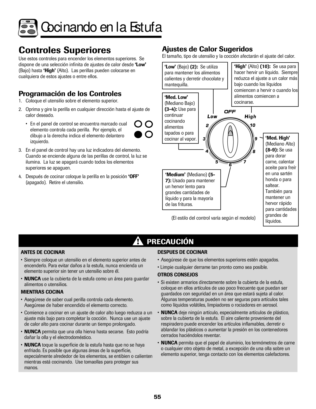 Amana 8113P595-60 Cocinando en la Estufa, Controles Superiores, Programación de los Controles, Ajustes de Calor Sugeridos 