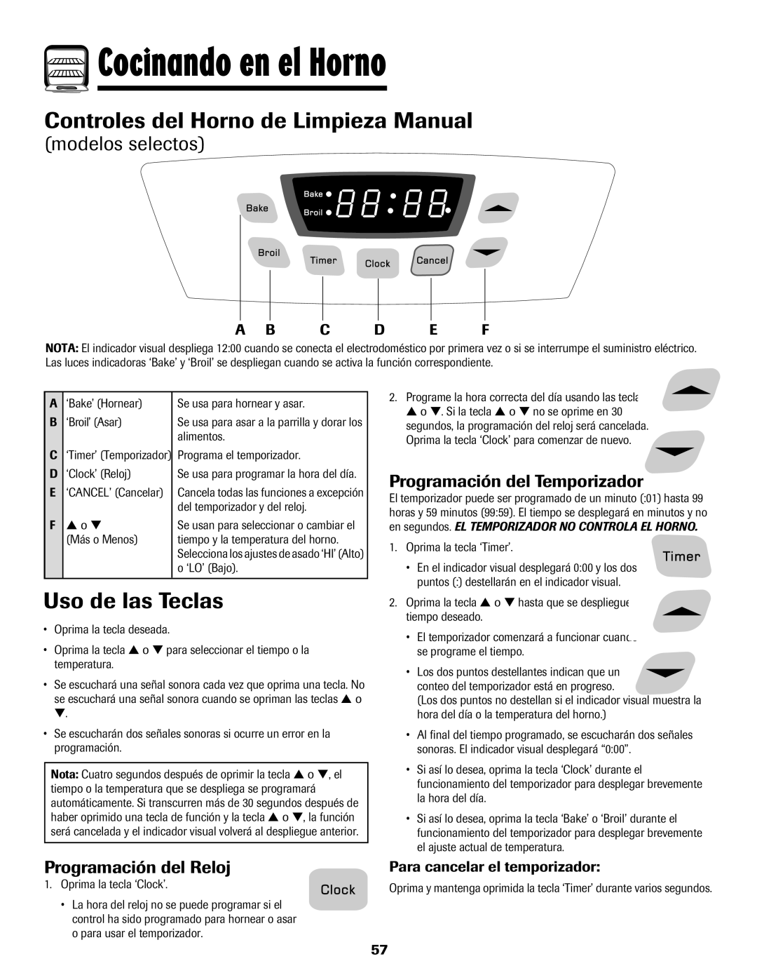 Amana 8113P595-60 Cocinando en el Horno, Controles del Horno de Limpieza Manual, Uso de las Teclas, Programación del Reloj 