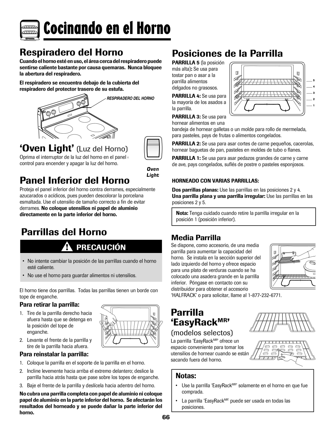 Amana 8113P595-60 manual Respiradero del Horno, Panel Inferior del Horno, Posiciones de la Parrilla, Parrillas del Horno 