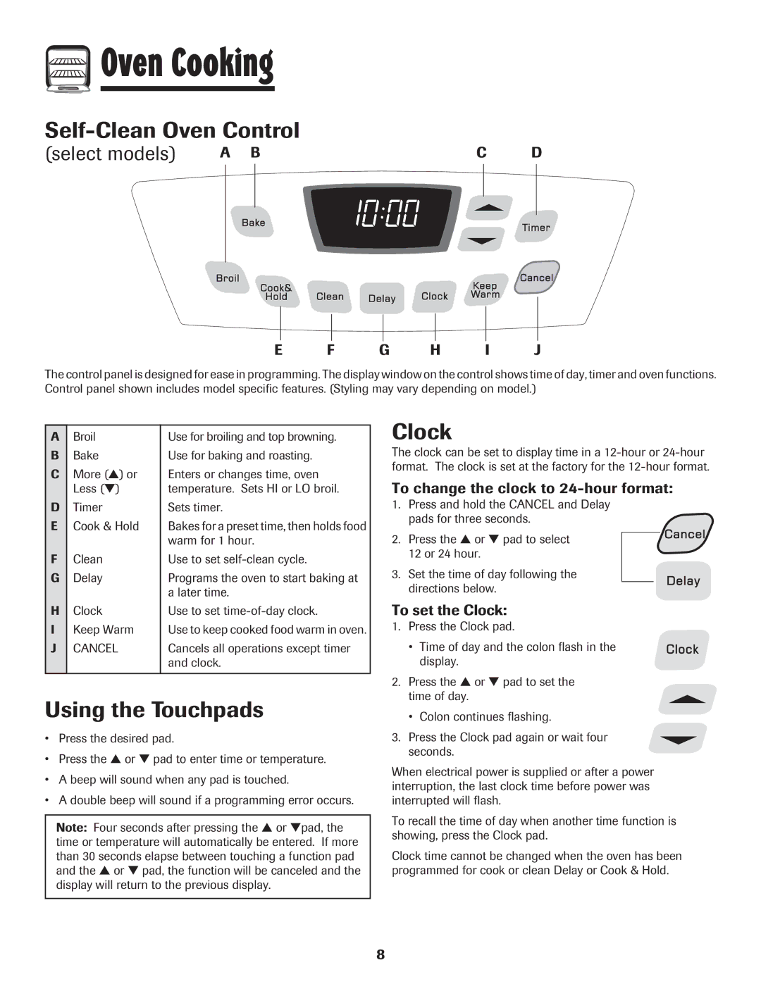 Amana 8113P595-60 manual Self-Clean Oven Control, G H I J, To change the clock to 24-hour format, To set the Clock 