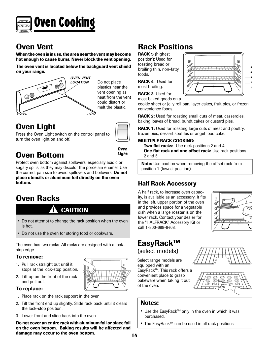 Amana 8113P596-60 important safety instructions Oven Vent, Oven Light, Oven Bottom, Oven Racks, Rack Positions, EasyRackTM 