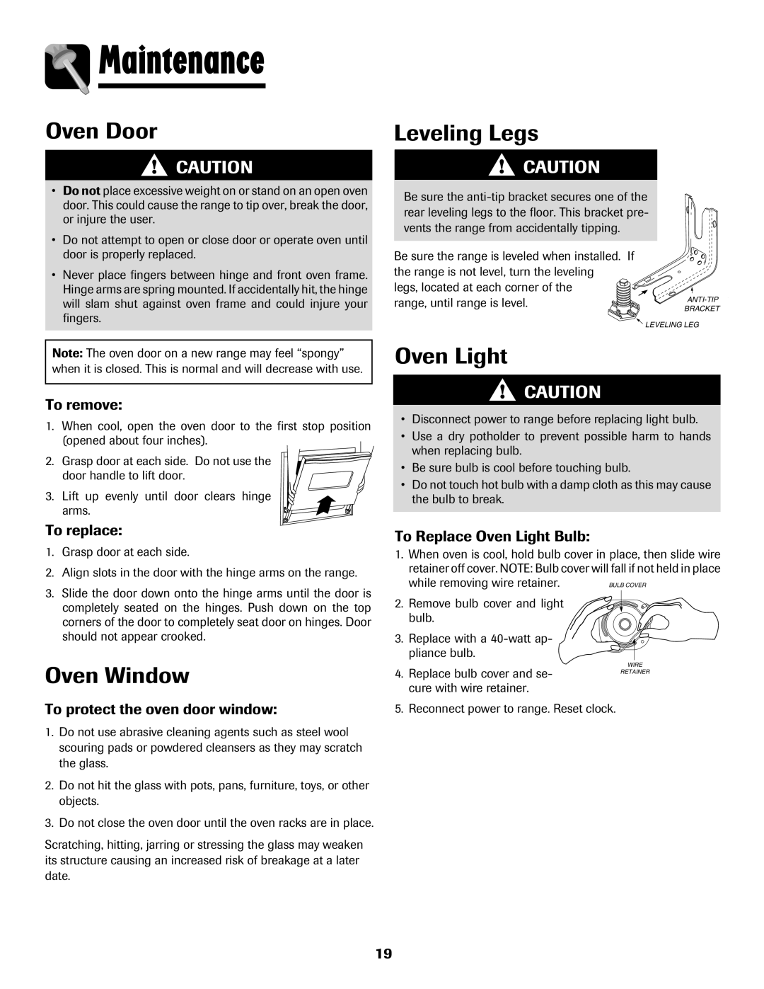 Amana 8113P596-60 important safety instructions Maintenance, Oven Door, Leveling Legs, Oven Window 