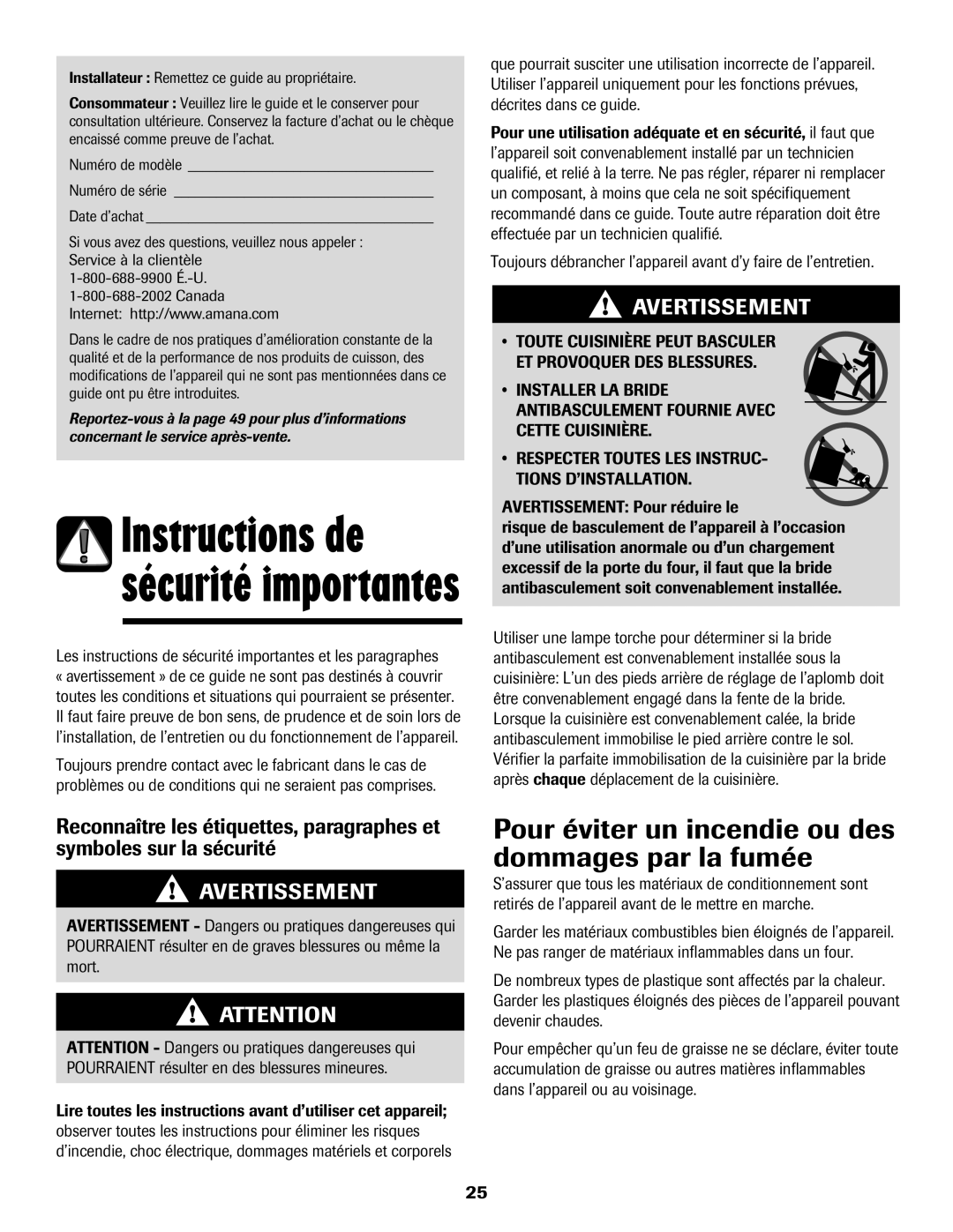 Amana 8113P596-60 important safety instructions Pour éviter un incendie ou des dommages par la fumée 