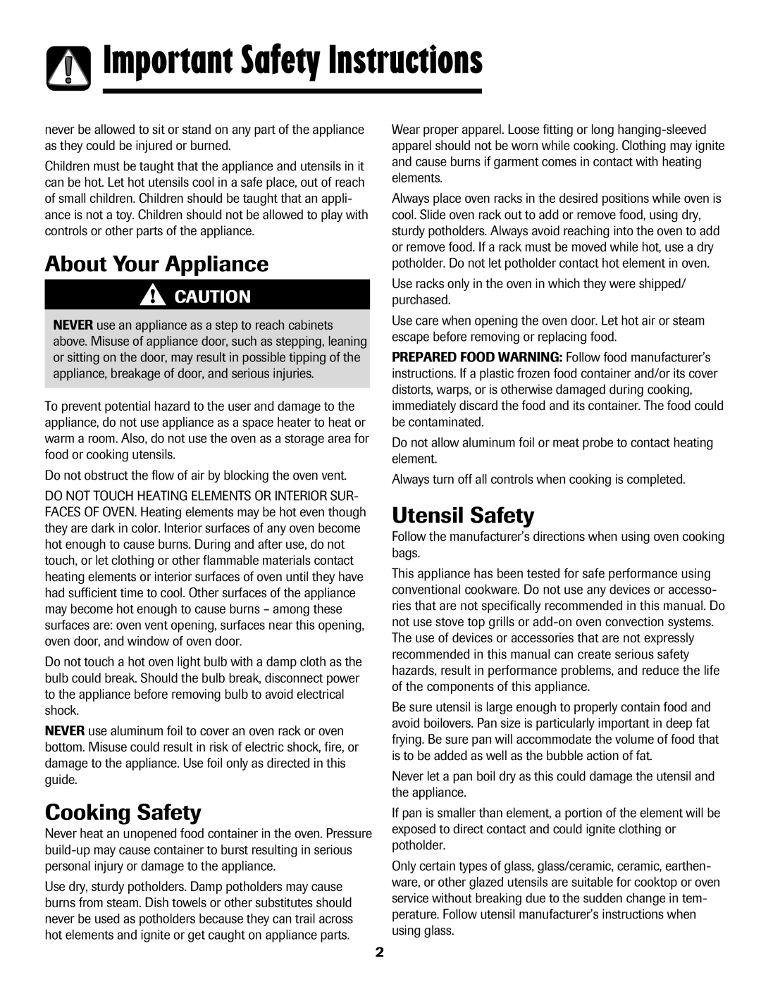 Amana 8113P596-60 Important Safety Instructions, About Your Appliance, Cooking Safety, Utensil Safety 