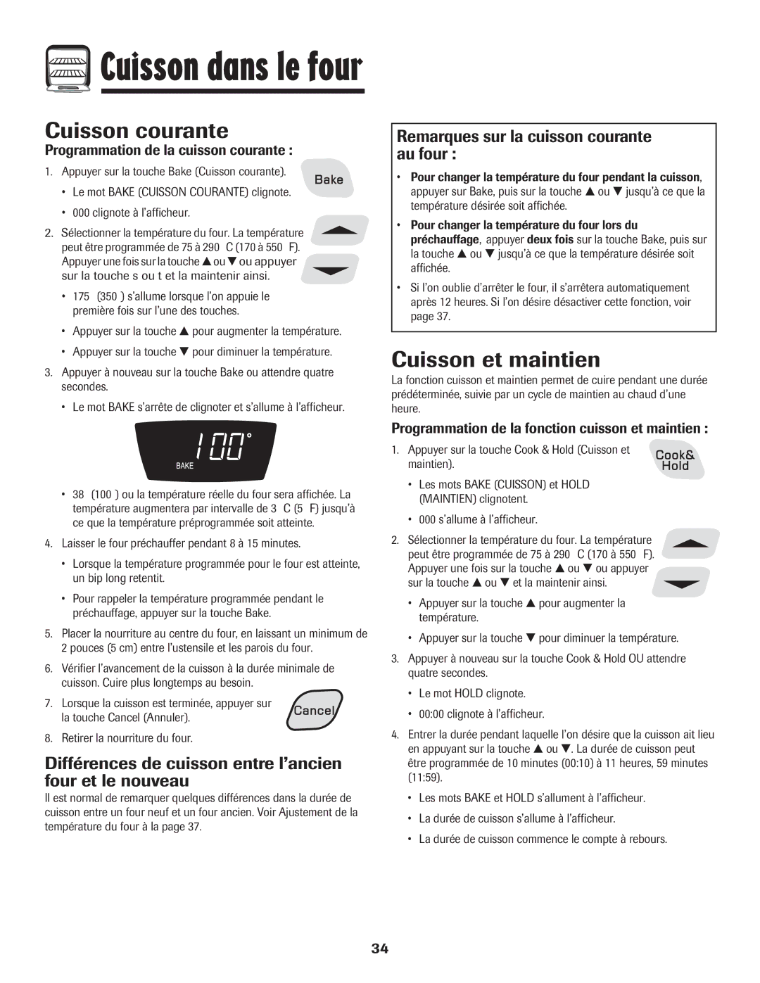 Amana 8113P596-60 Cuisson courante, Cuisson et maintien, Différences de cuisson entre l’ancien four et le nouveau 