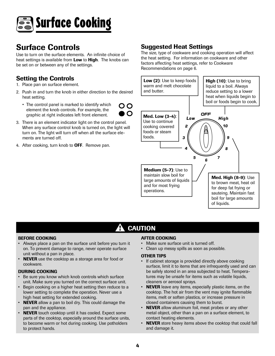 Amana 8113P596-60 important safety instructions Surface Controls, Suggested Heat Settings, Setting the Controls 