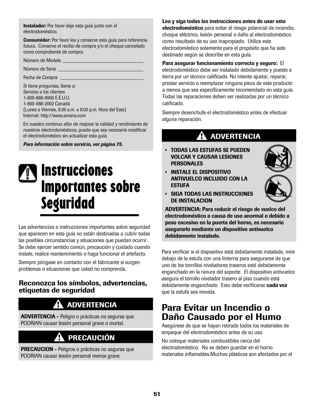 Amana 8113P596-60 important safety instructions Para Evitar un Incendio o Daño Causado por el Humo, Fecha de Compra, Canadá 