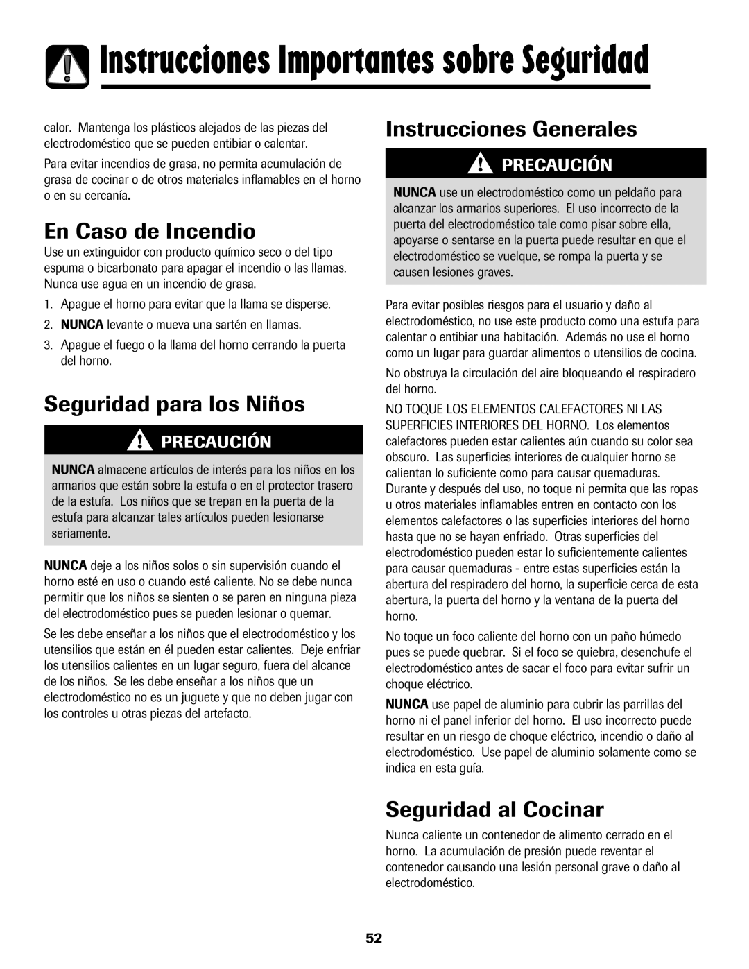 Amana 8113P596-60 En Caso de Incendio, Seguridad para los Niños, Instrucciones Generales, Seguridad al Cocinar 