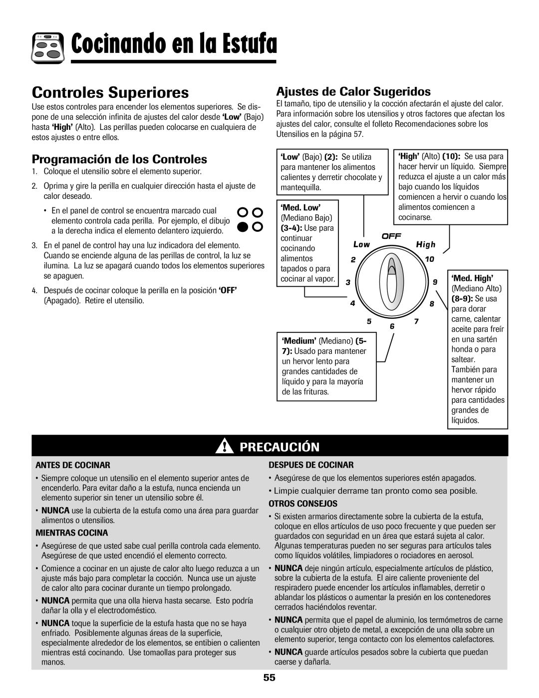 Amana 8113P596-60 Cocinando en la Estufa, Controles Superiores, Ajustes de Calor Sugeridos, Programación de los Controles 