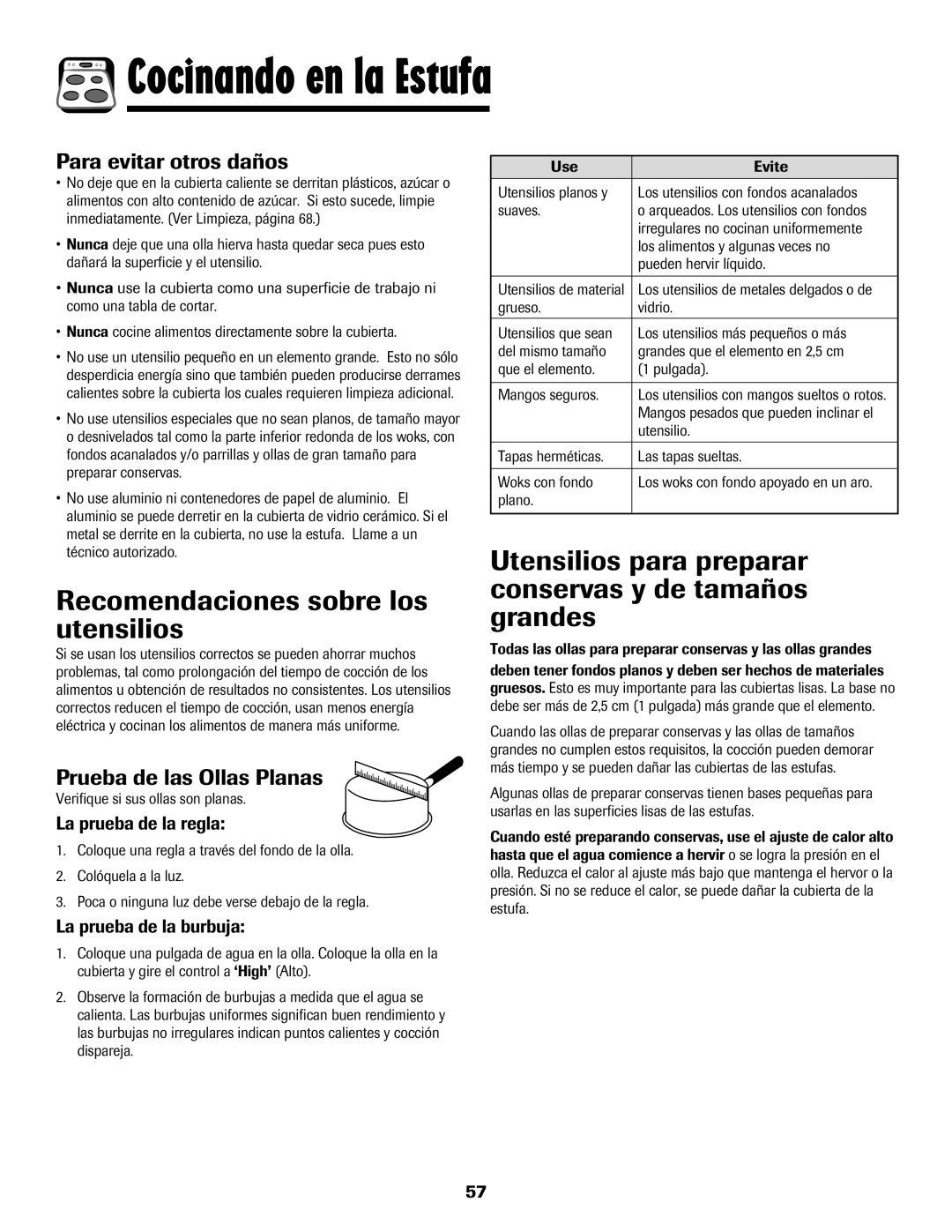 Amana 8113P596-60 Recomendaciones sobre los utensilios, Utensilios para preparar conservas y de tamaños grandes 