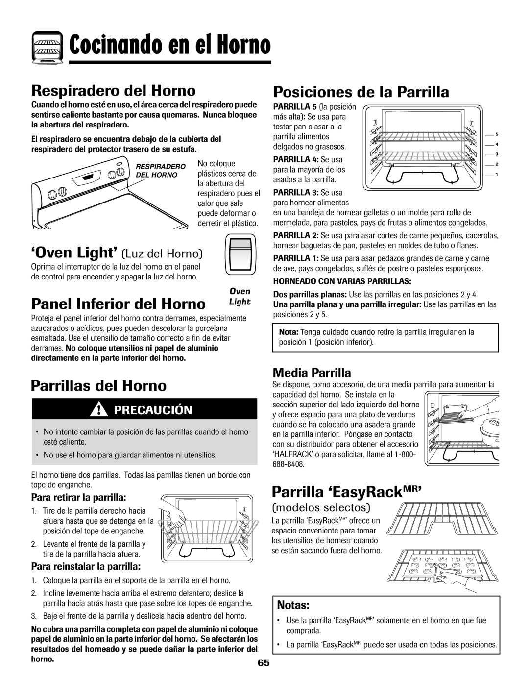 Amana 8113P596-60 Respiradero del Horno, Panel Inferior del Horno, Posiciones de la Parrilla, Parrillas del Horno 