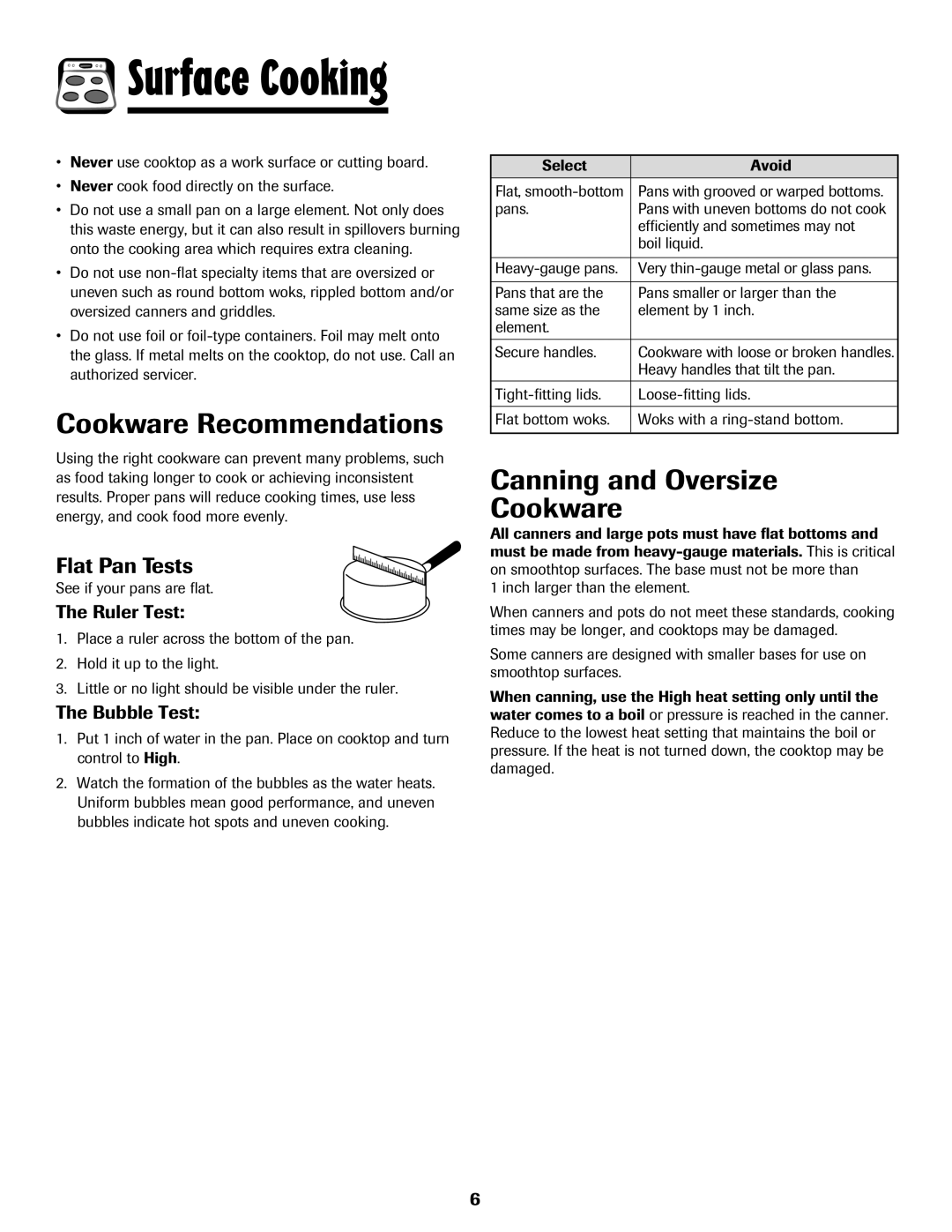 Amana 8113P596-60 Cookware Recommendations, Canning and Oversize Cookware, Flat Pan Tests, Ruler Test, Bubble Test 