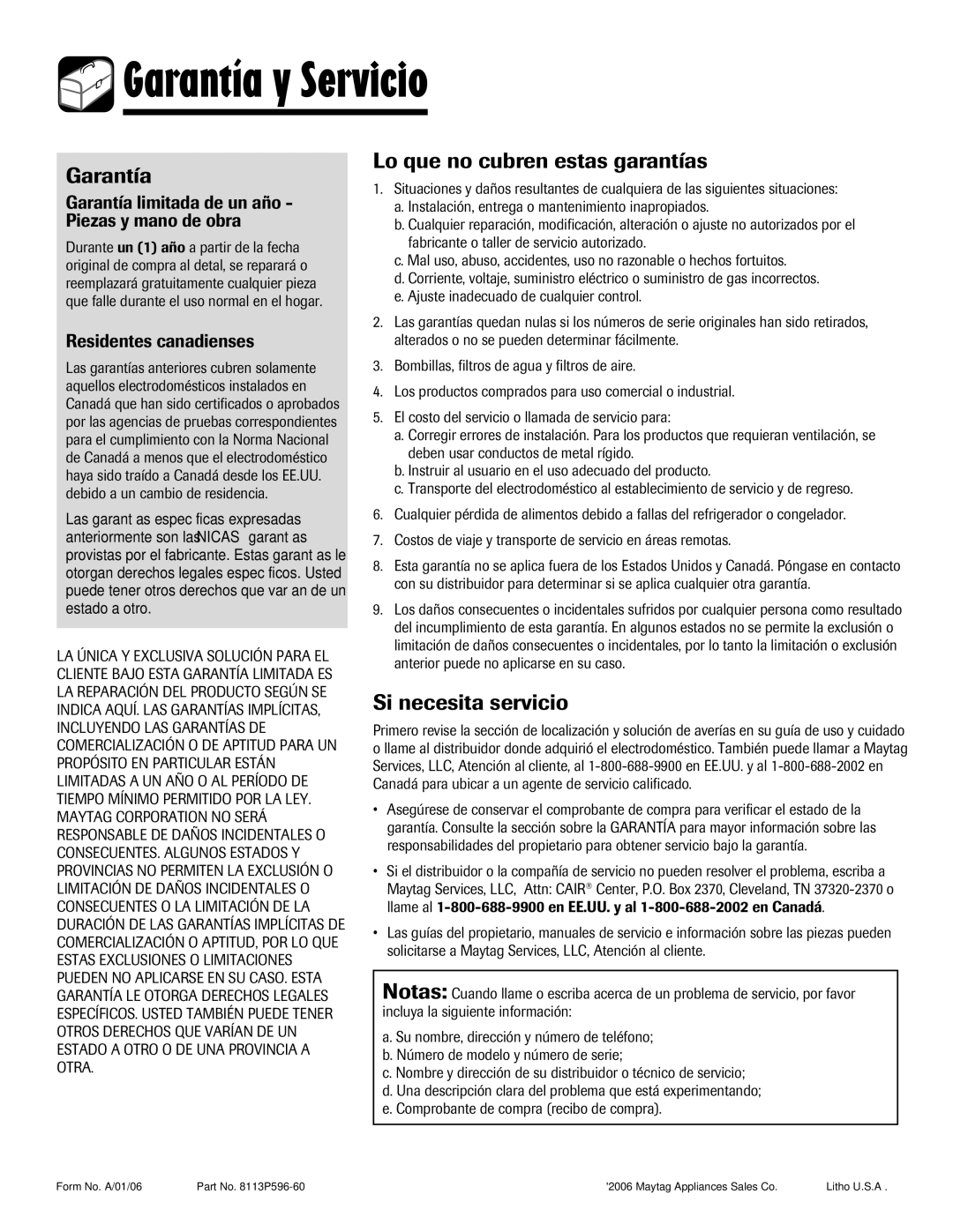 Amana 8113P596-60 important safety instructions Garantía y Servicio, Lo que no cubren estas garantías, Si necesita servicio 