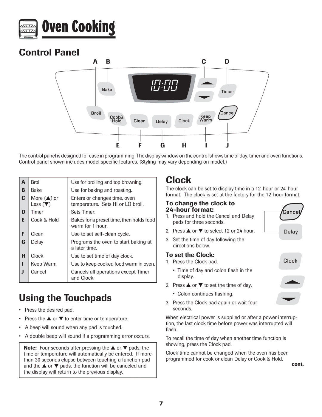 Amana 8113P596-60 important safety instructions Oven Cooking, Control Panel, Using the Touchpads, Clock, Bc D G H I J 