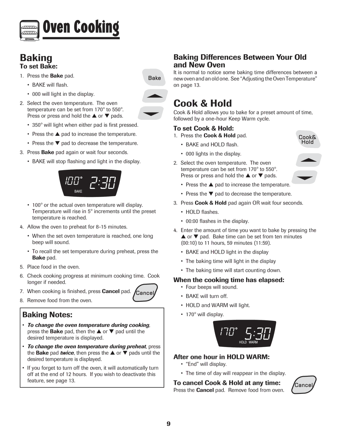 Amana 8113P598-60 manual Cook & Hold, Baking Differences Between Your Old and New Oven, Baking Notes 