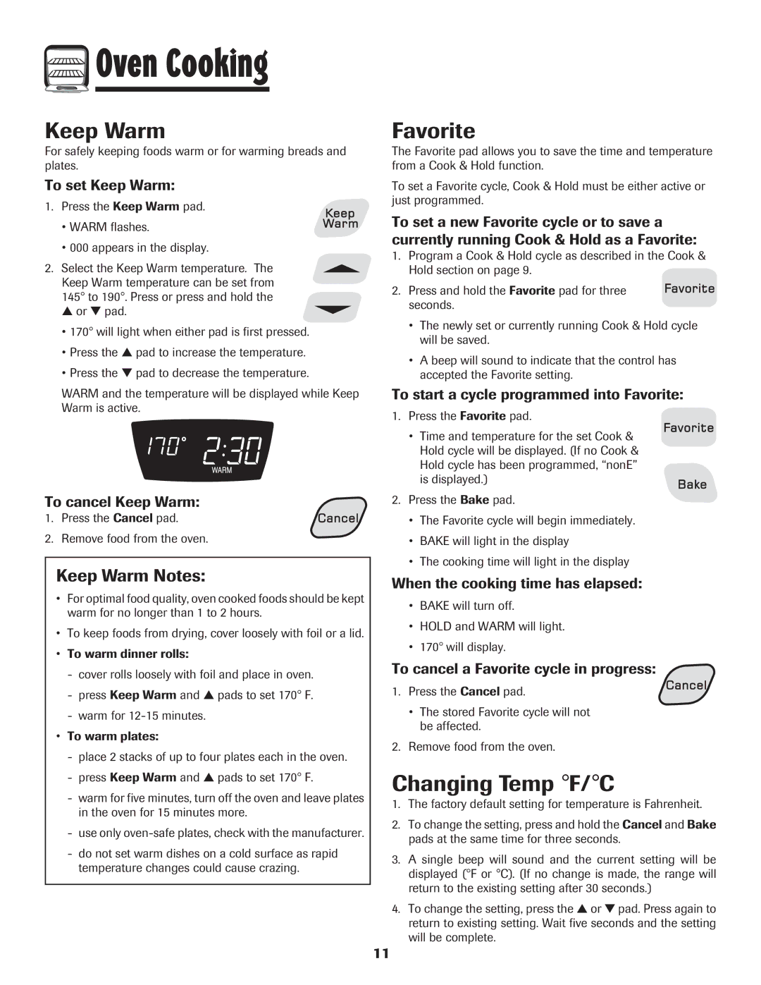 Amana 8113P598-60 manual Favorite, Changing Temp F/C, Keep Warm Notes 