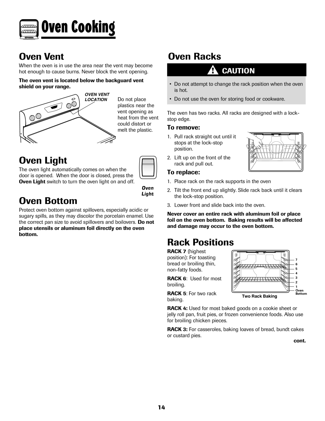 Amana 8113P598-60 manual Oven Vent, Oven Light, Oven Bottom, Oven Racks 