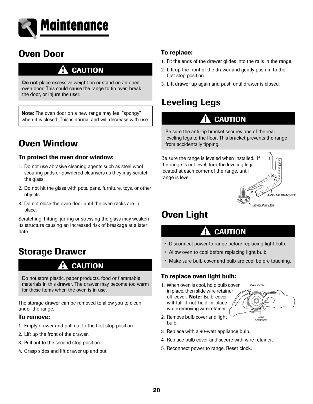 Amana 8113P598-60 manual Maintenance, Oven Window, Storage Drawer, Leveling Legs 