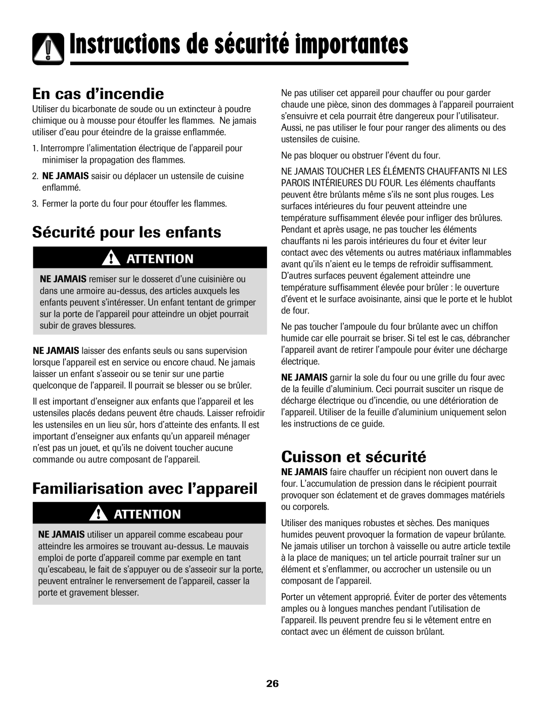 Amana 8113P598-60 manual En cas d’incendie, Sécurité pour les enfants, Familiarisation avec l’appareil, Cuisson et sécurité 