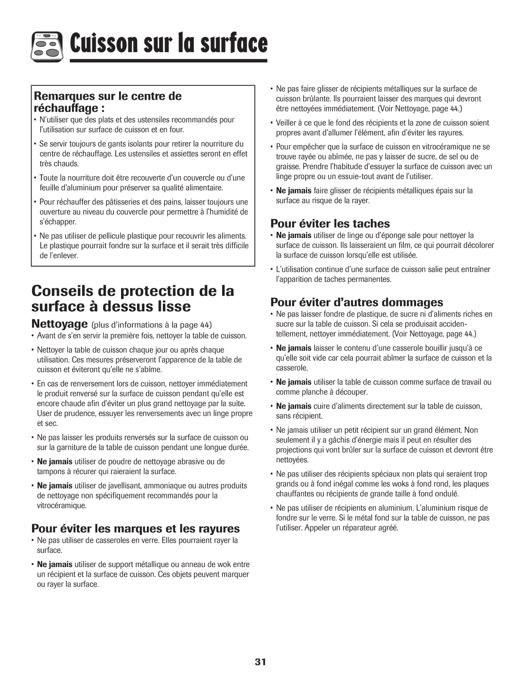 Amana 8113P598-60 manual Conseils de protection de la surface à dessus lisse, Remarques sur le centre de réchauffage 