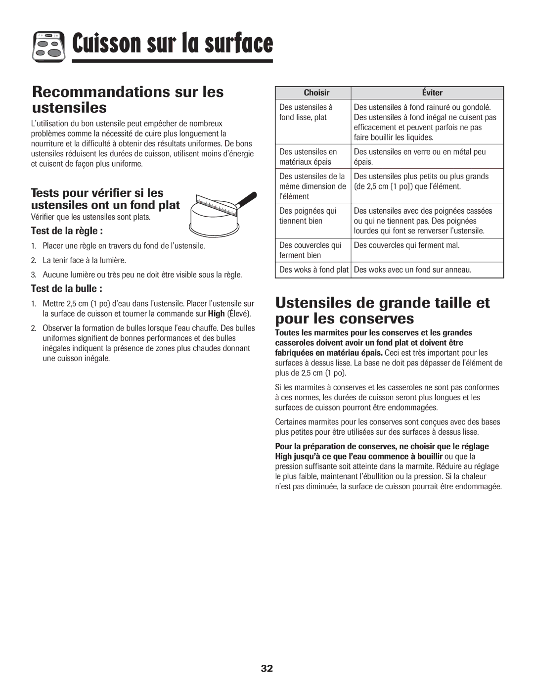 Amana 8113P598-60 Recommandations sur les ustensiles, Ustensiles de grande taille et pour les conserves, Test de la règle 